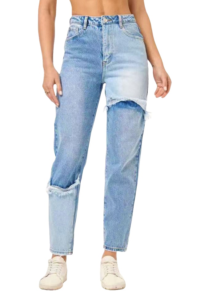 Blugi mom fit bicolor Riverside, aspect prespalat si perforatii petrecute, Albastru deschis