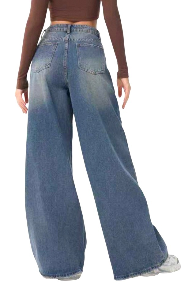 Blugi prespalati KOREAN loose fit, decupati, Albastru denim