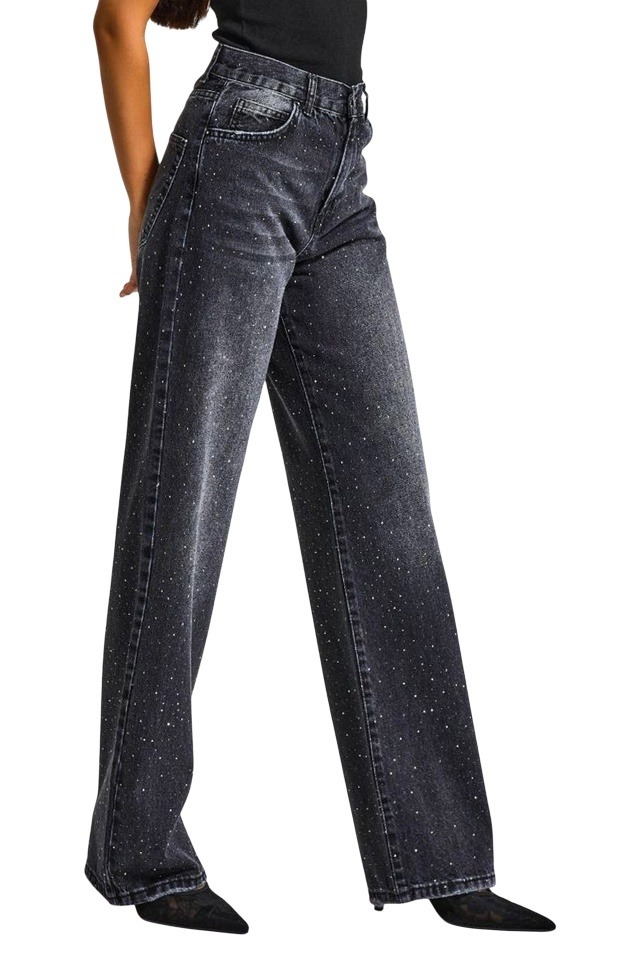 Blugi prespalati Luneth, croiala loose fit oversize cu cristale aplicate, Negru