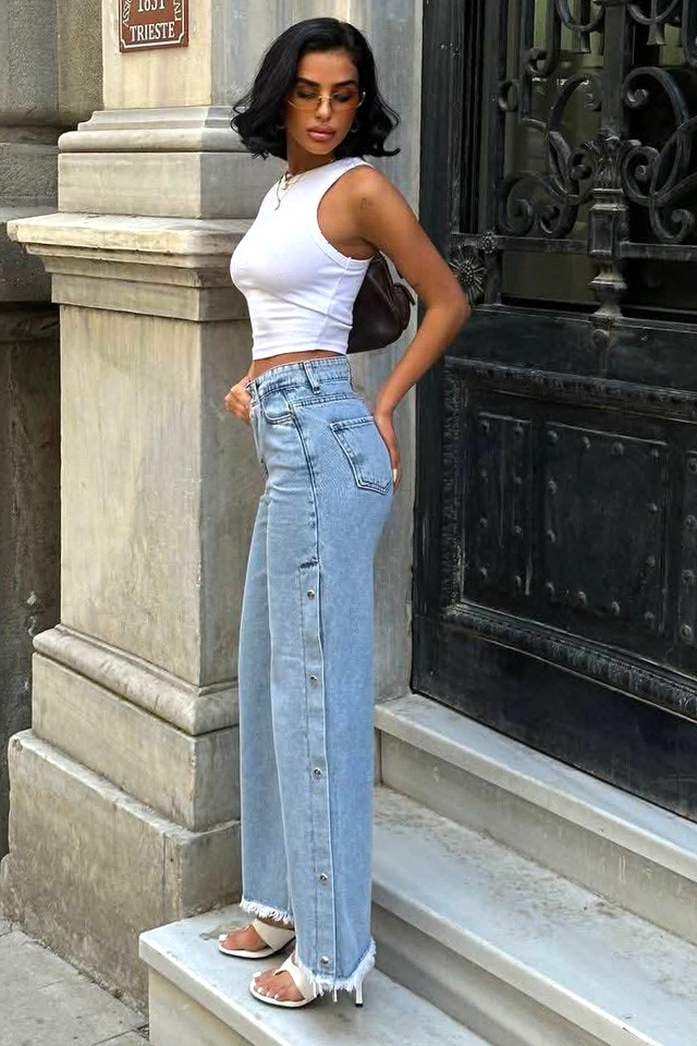 Blugi wide leg Banyo, cu capse si franjuri, Albastru deschis