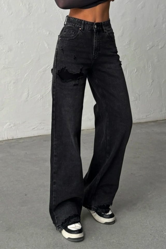 Blugi wide leg cu elastan, MYLANO si perforatii, Negru Antracit