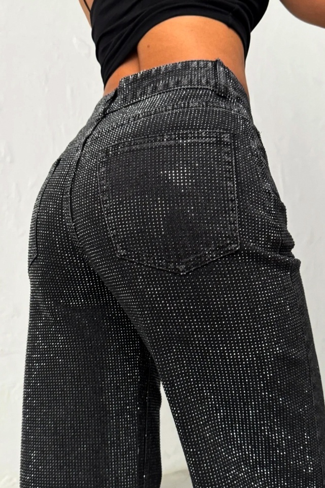 Blugi wide leg cu elastan, MYLANO si strasuri, Negru