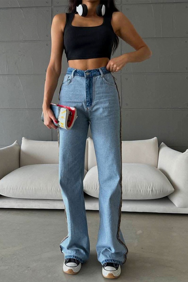 Blugi wide leg in doua nuante Zurich, cu dunga laterala in relief, Albastru deschis - 3 | YEO