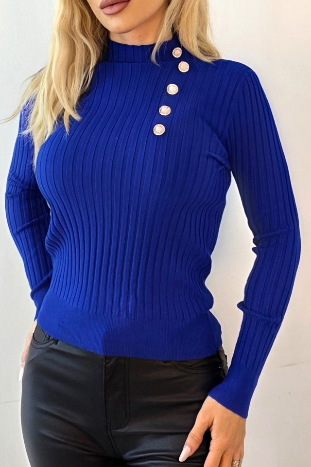 Bluza de dama ELORIA, cu guler inalt si nasturi perlati, Albastru Royal