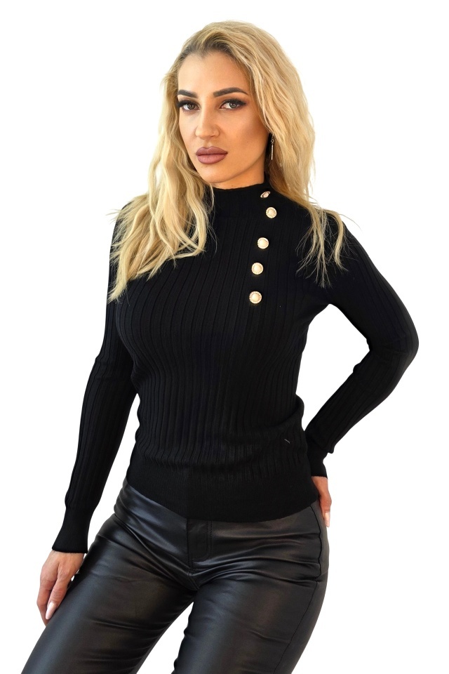 Bluza de dama ELORIA, cu guler inalt si nasturi perlati, Negru