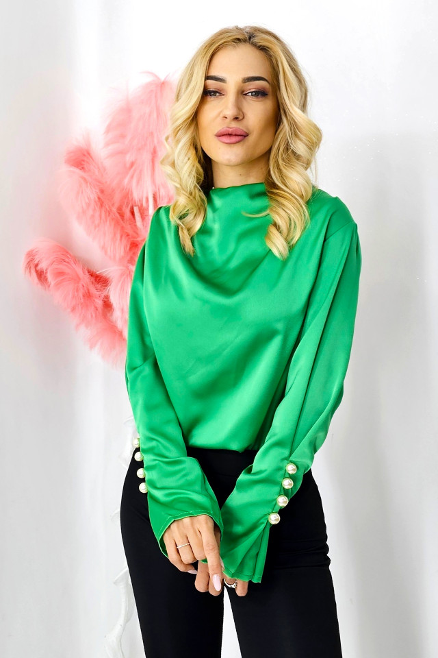 Bluza satinata Tasha, cu maneca lunga evazata si butoni decorativi tip perla, Verde, Marime S/M - 2 | YEO