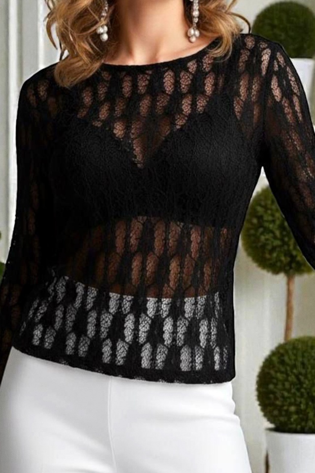 Bluza transparenta din dantela, Velisse, cu mansete evazate, Negru, Marime S/M