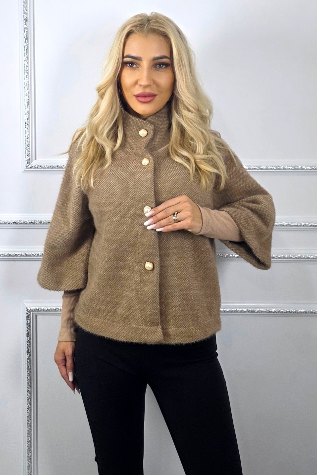 Bolero cu maneca trei sferturi, VORRA si butoni perla, Maro, Marime S/M - 2 | YEO