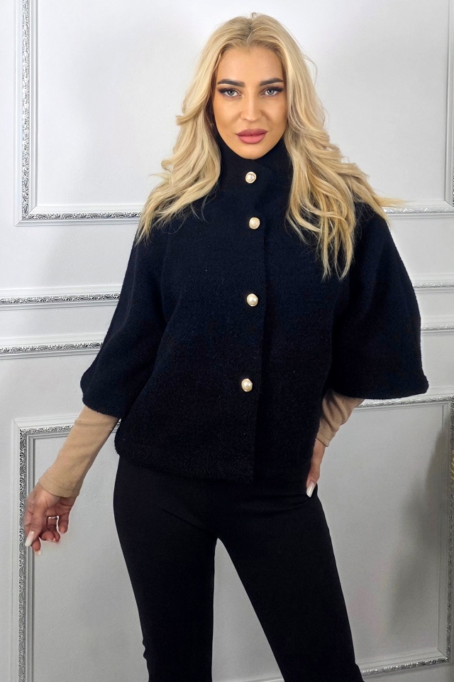 Bolero cu maneca trei sferturi, VORRA si butoni perla, Negru, Marime S/M - 3 | YEO