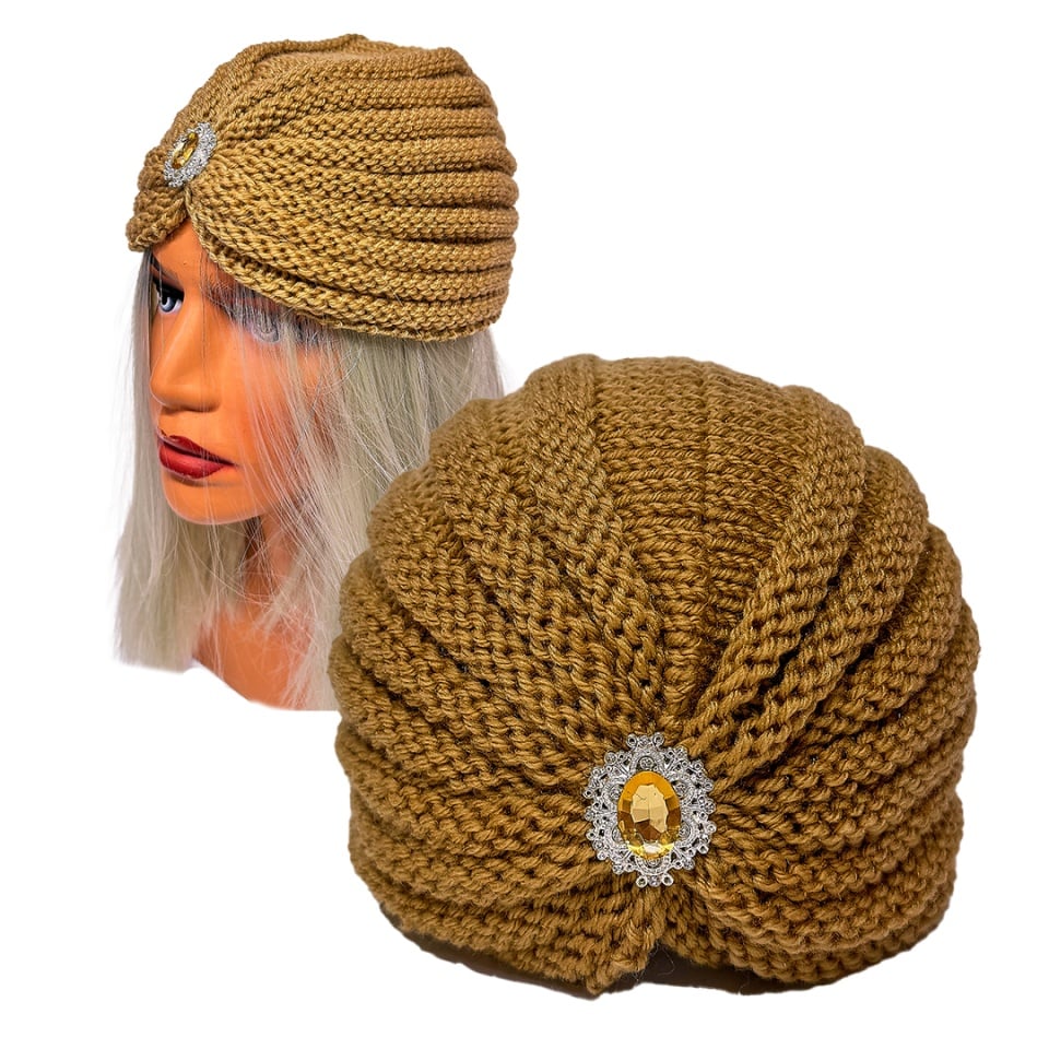 Caciula dama tip turban, NIDEH, cu brosa si textura tricotata, Bej