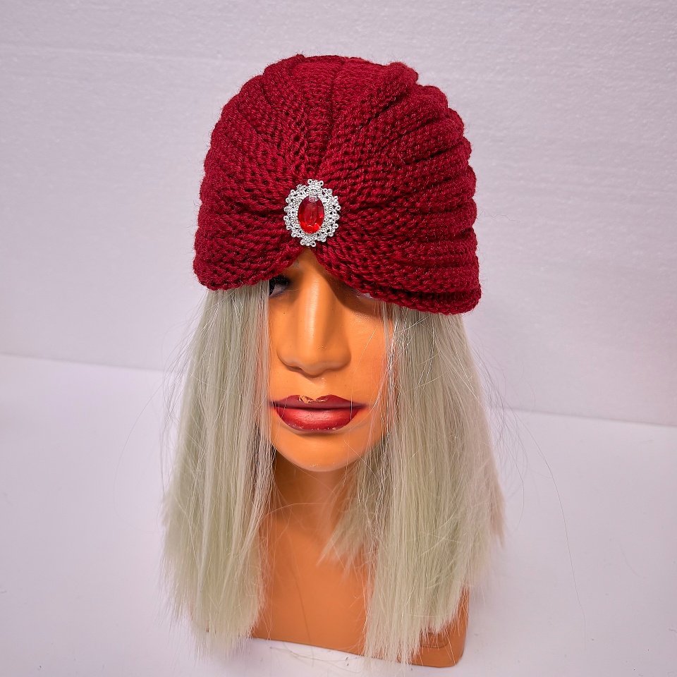 Caciula dama tip turban, NIDEH, cu brosa si textura tricotata, Rosu - 2 | YEO