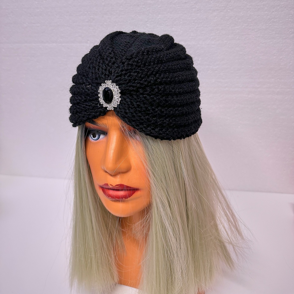 Caciula stil turban NIDEH, cu brosa si textura tricotata, Negru - 2 | YEO