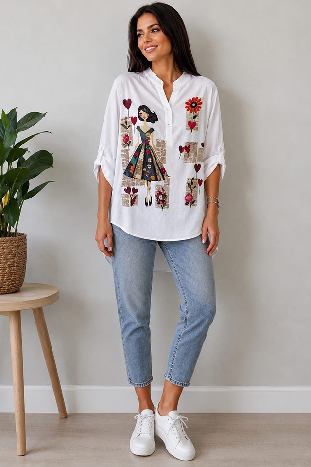 Camasa bumbac LARYSS, imprimeu collage si maneca reglabila, Blue Girl Retro, Marime S/M/L