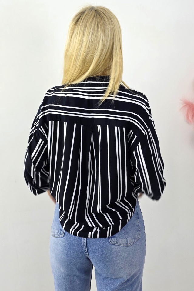 Camasa dama LOVINA, cu dungi si nod wrap, Negru/Alb - 4 | YEO