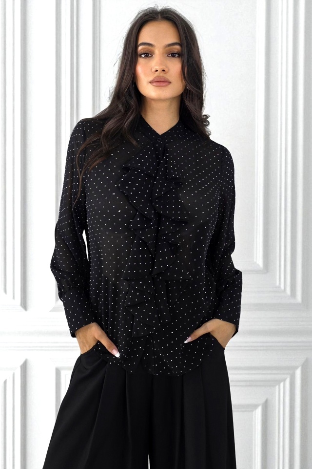 Camasa eleganta cu volane, Daliah si imprimeu buline, Negru, Marime S/M - 2 | YEO