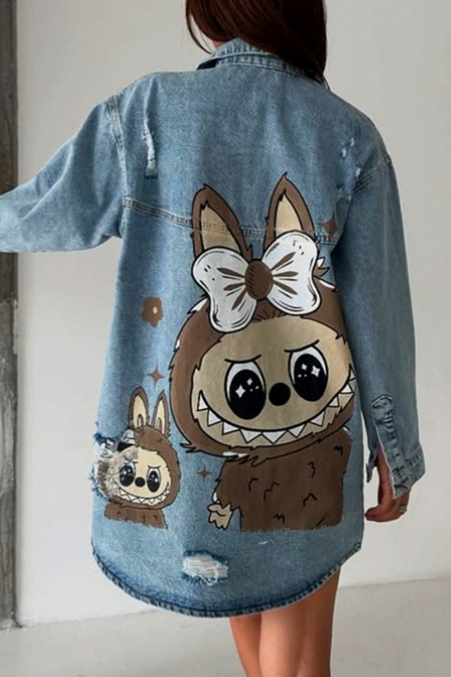 Camasa lunga de blugi cu perforatii, Tunik si imprimeu dinamic, La BUBU Monster - 3 | YEO
