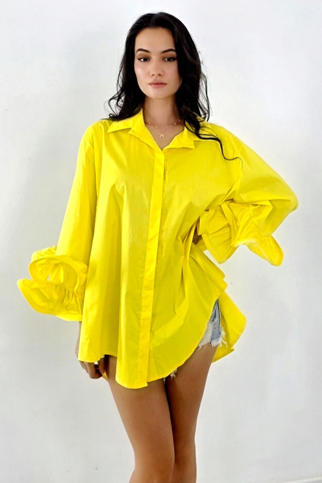 Camasa supradimensionata Sugar LoLLy, lungime asimetrica si volane, Galben, Marime S/M/L - 2 | YEO
