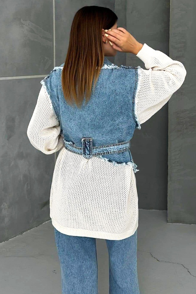 Cardigan lung Violeta, din tricot cu denim si cordon asortat, Alb - 1 | YEO