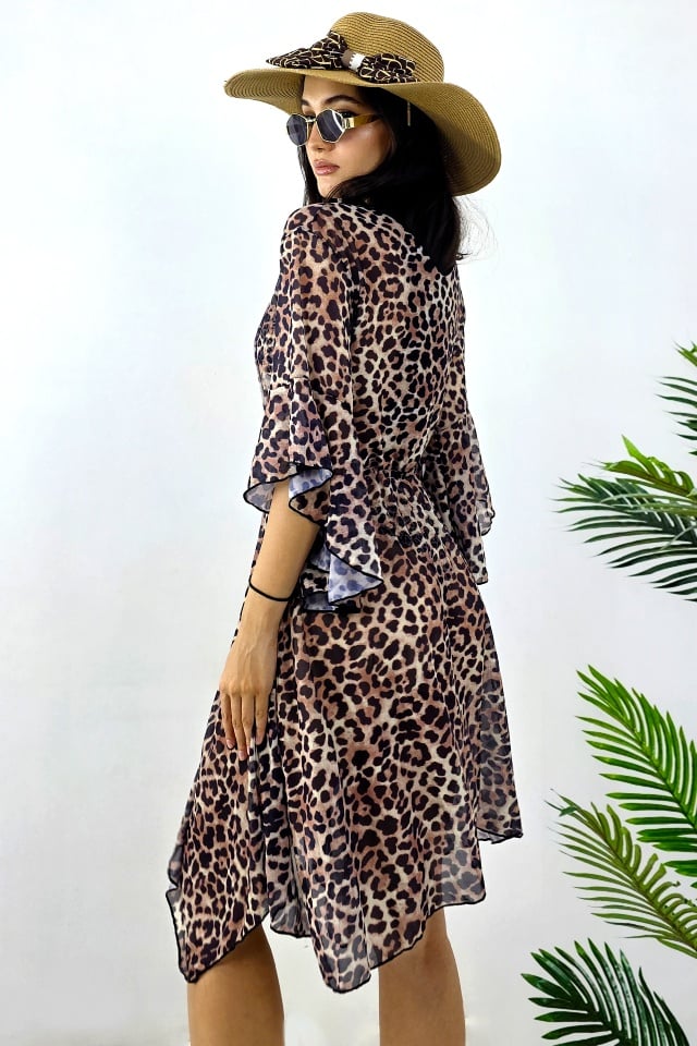 Cardigan scurt de plaja NaLLa, cu maneca evazata si snur in talie, Animal Print Bej - 1 | YEO