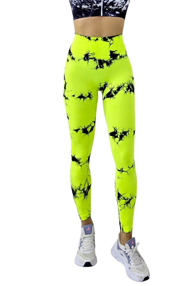Colanti fitness cu nervuri, Kabyn, push up si banda talie, Galben Neon