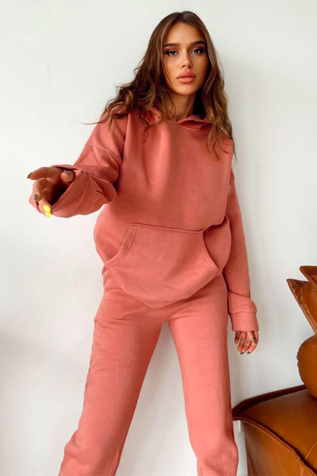 Compleu bumbac vatuit Alexis, bluza cu gluga si pantaloni cu buzunare, Roze