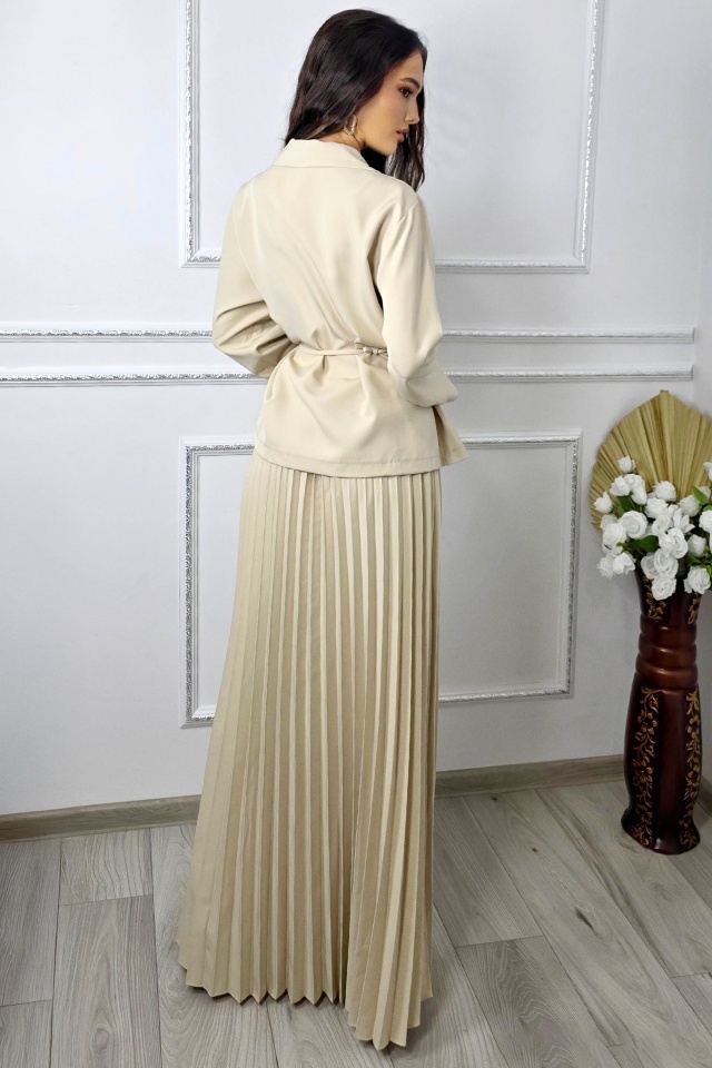 Compleu business LUNIS, cu sacou petrecut si fusta plisata, Crem, Marime S/M/L - 1 | YEO