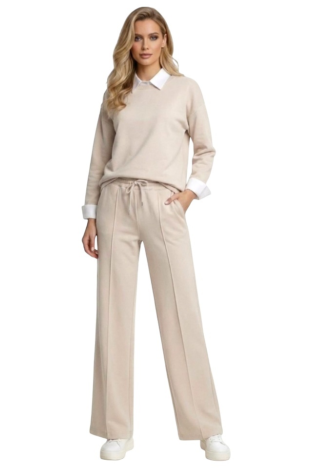 Compleu casual ALYA, cu bluza tip camasa si pantaloni lejeri cu snur, Bej, Marime S/M/L