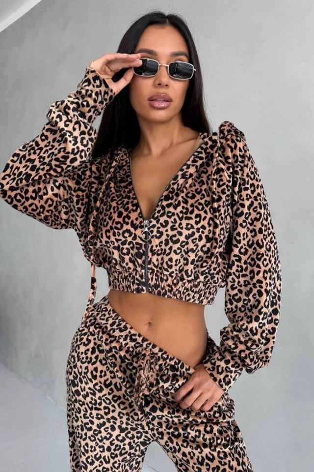 Compleu casual de dama, Savage, pantaloni largi si hanorac cu fermoar, BEJ Leopard