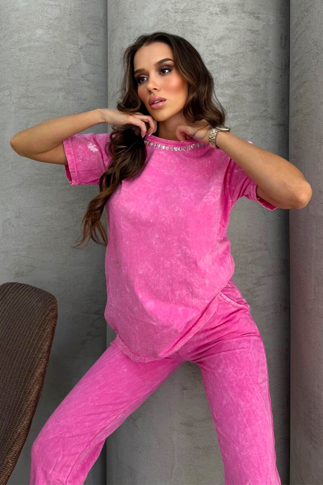 Compleu catifelat RAVEL, cu tricou stilizat si pantaloni cu snur, Roz - 3 | YEO