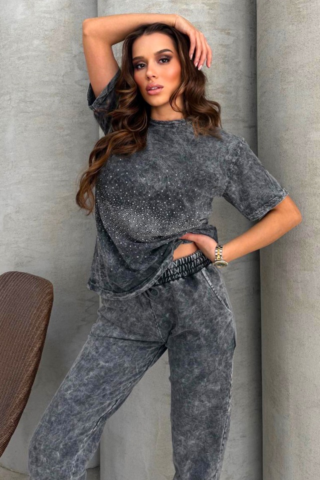 Compleu catifelat ROSSA, tricou cu strasuri si pantaloni cu buzunare, GRI Petrol - 3 | YEO