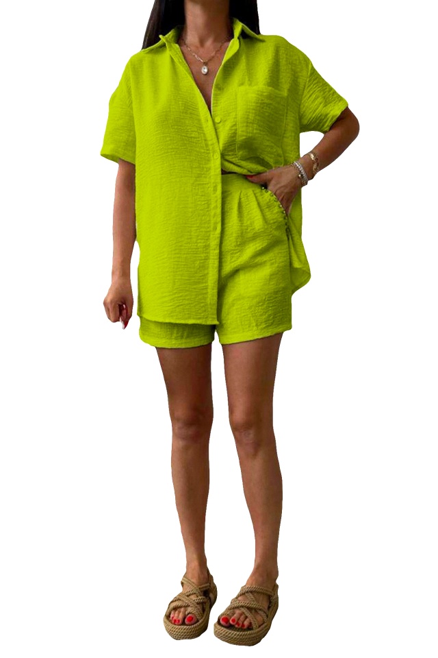 Compleu cu bumbac creponat, Jolin, camasa si pantaloni scurti cu pense, Verde olive