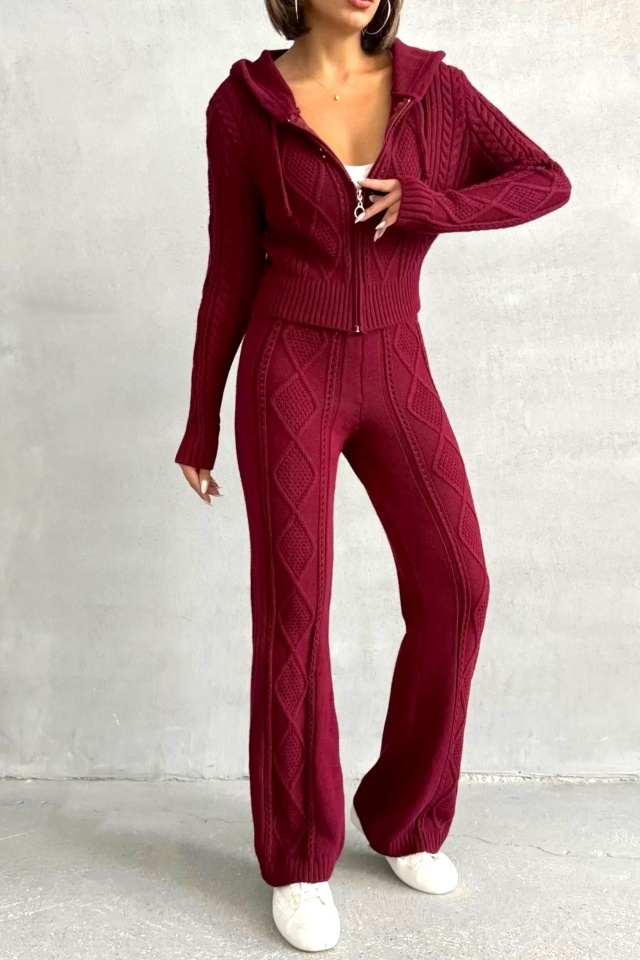 Compleu cu nervuri in relief, TOREN, pantaloni tricot si bluza scurta, Bordo, Marime S/M