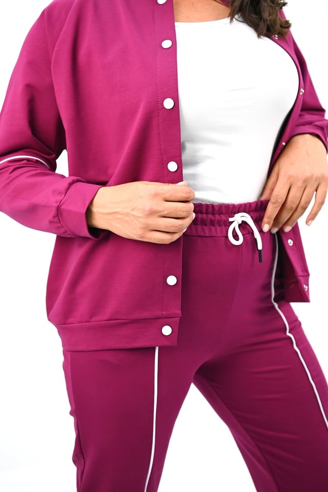 Compleu dama CapsLine, jacheta cu capse si pantaloni sport, Marimi mari, Burgundy - 2 | YEO