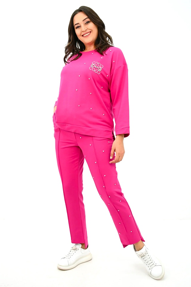 Compleu dama TAYRA, pantaloni conici si bluza cu pietre artizanale, ROZ - 2 | YEO