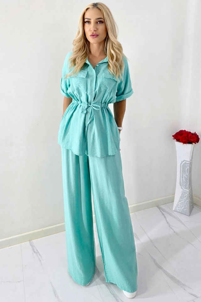 Compleu lejer de vara LUNIA, cu camasa si pantaloni largi, Turquoise, Marime S/M