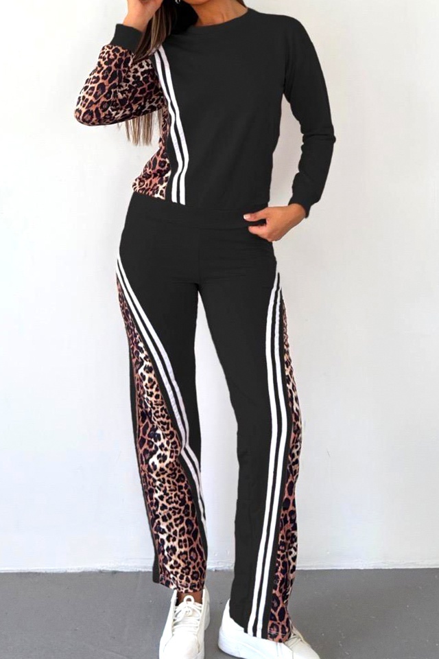 Compleu sport animal print LEONA, cu pantaloni lungi si bluza, Negru