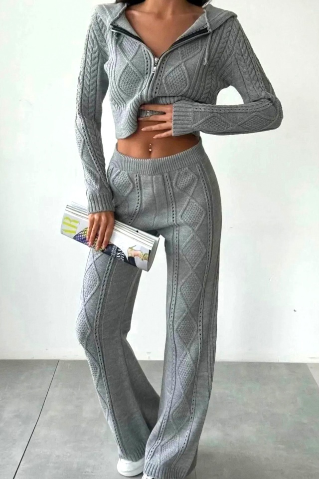 Compleu tricotat TOREN, pantaloni lejeri si bluza cu gluga, Gri, Marime S/M