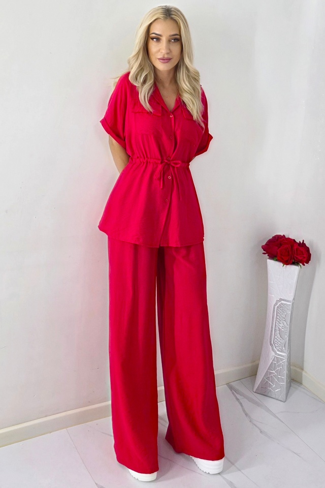 Compleu vascoza casual LUNIA, cu camasa si pantaloni largi, Rosu, Marime S/M - 3 | YEO