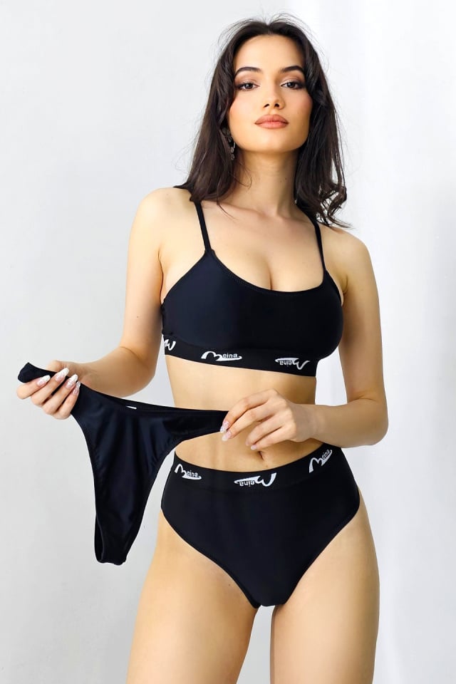 Costum de baie 3 piese MeYNA, slip tanga, slip brazilian si sutien sport, Negru - 1 | YEO