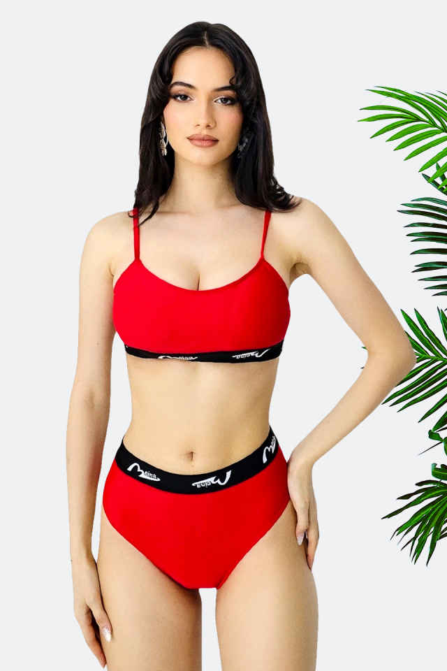 Costum de baie 3 piese MeYNA, slip tanga, slip brazilian si sutien sport, Rosu