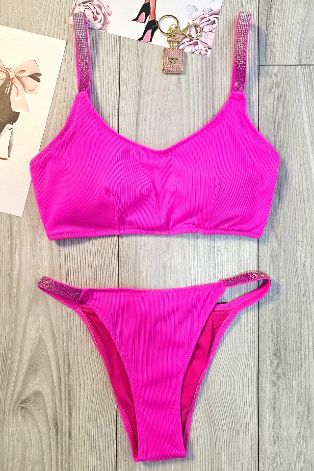 Costum de baie doua piese KALYA, cu slip brazilian si sutien sport, Fucsia - 3 | YEO