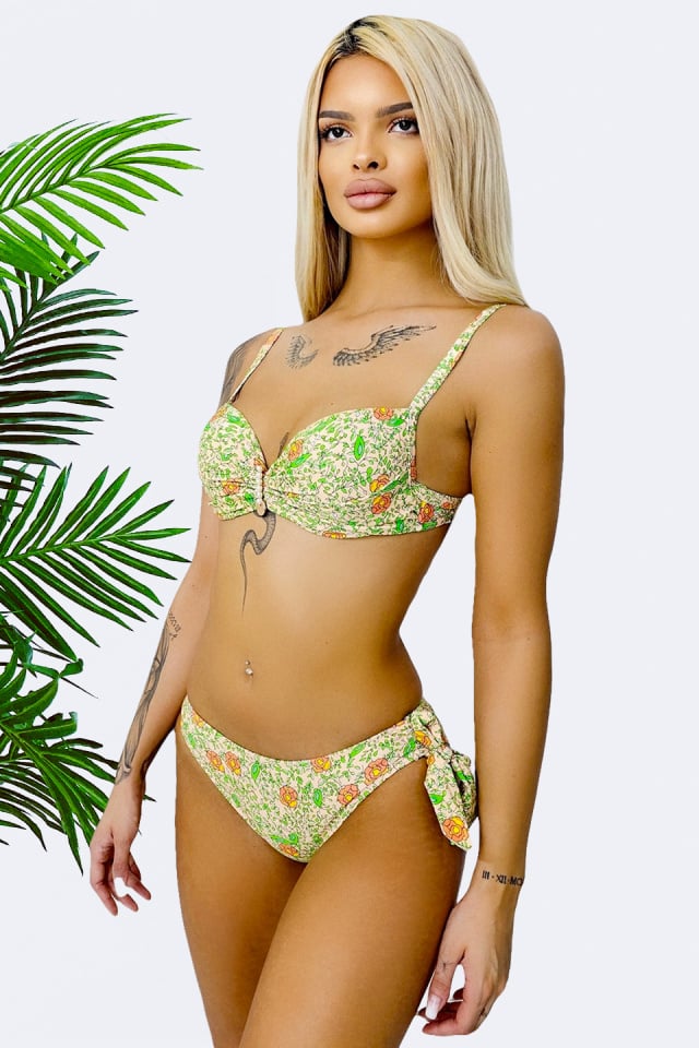 Costum de baie doua piese MYNA, slip reglabil si sutien accesorizat, Bej/Verde