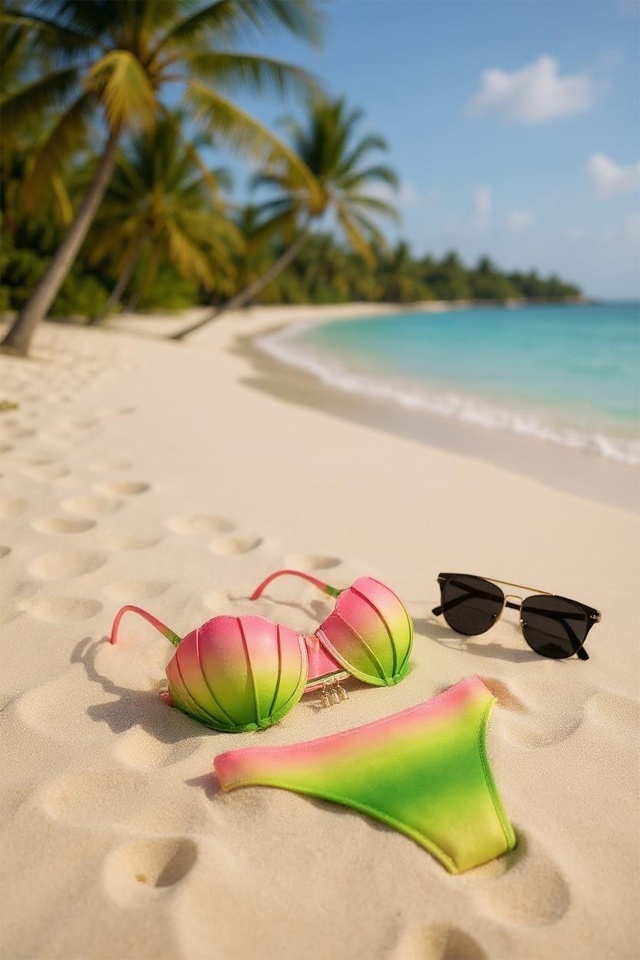 Costum de baie doua piese TIVA, tanga si sutien cu extra push up, Verde/Roz - 3 | YEO