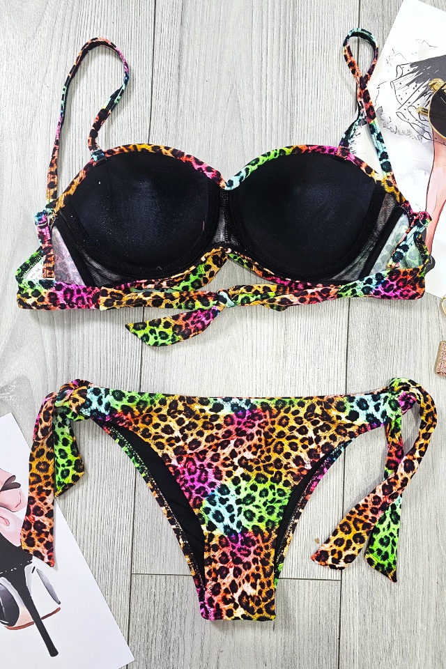 Costum de baie doua piese ZANZA, cu slip reglabil si sutien push up, VERDE Leopard - 3 | YEO