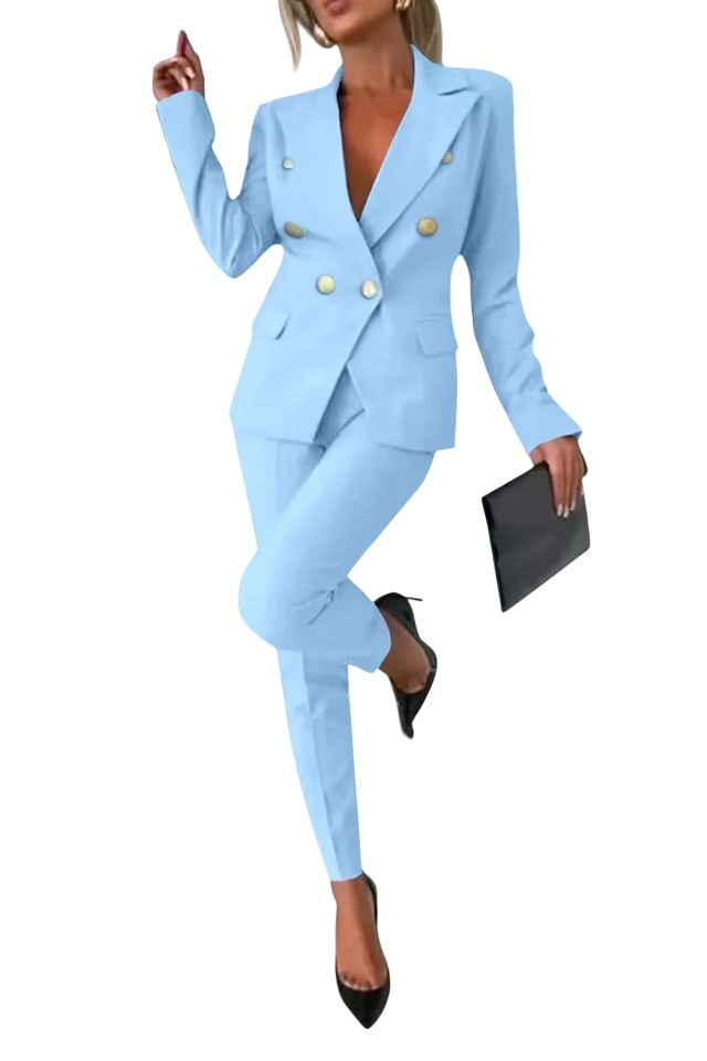 Costum elegant office Paolina, sacou, butoni aurii si pantaloni conici, Blue