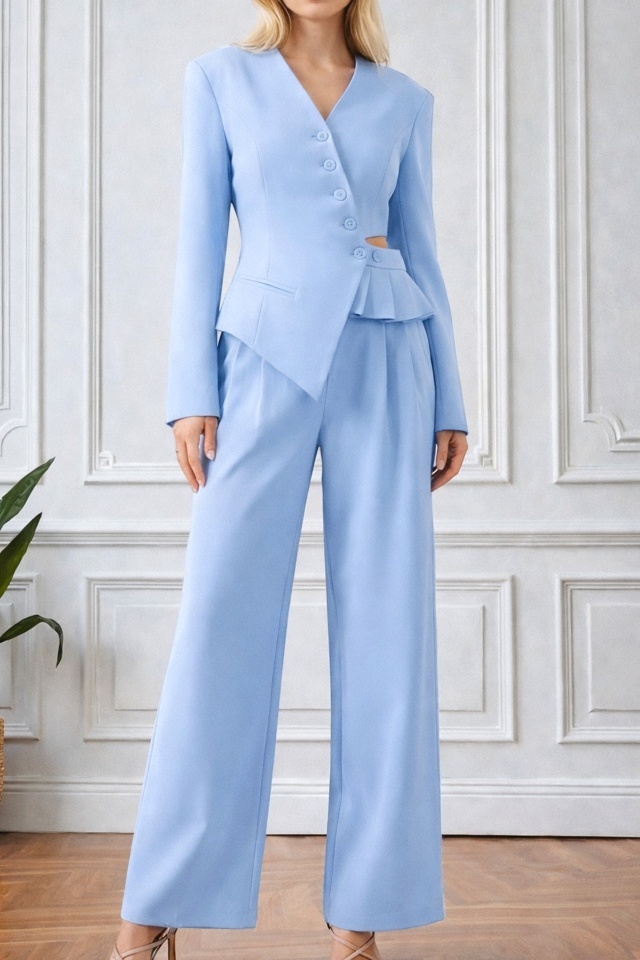 Costum Lareen cu linie moderna si sacou asimetric, decupat in talie, Baby Blue, Marime S/M