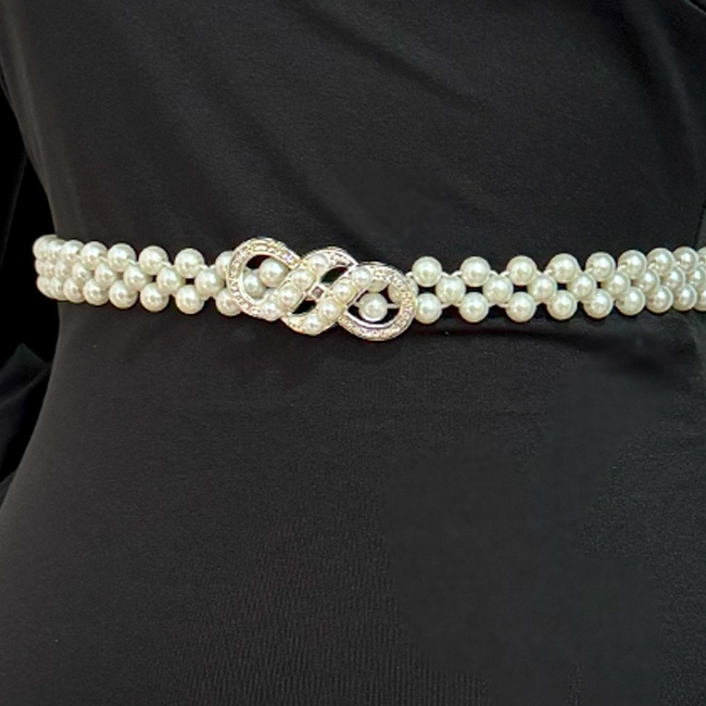 Curea elastica cu perle TYE, catarama decorativa Infinity si cristale, Alb - 2 | YEO