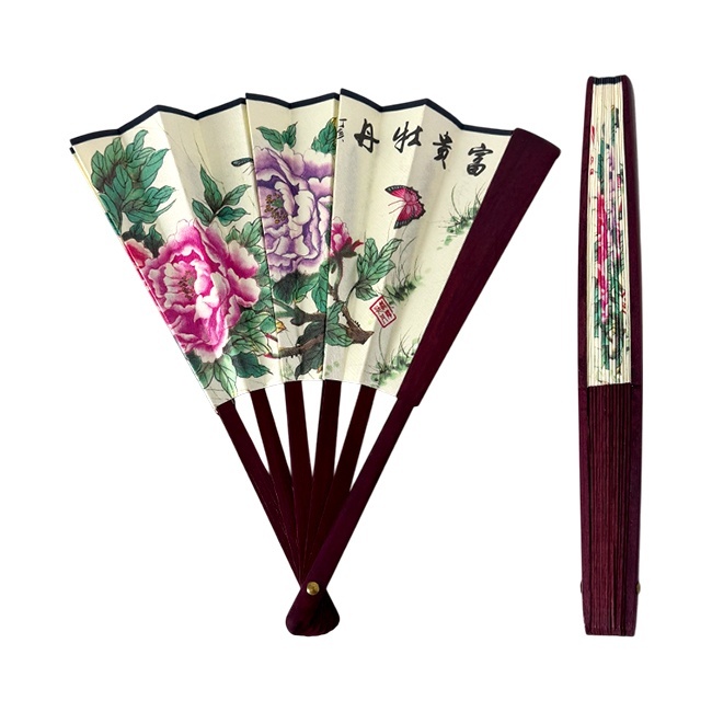 Evantai model japonez OKYOA, pliabil, cu laterale lemn, imprimat diferit fata/spate, Peonies FLY - 1 | YEO