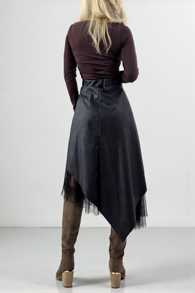 Fusta Florentina, din pile eco, cu tull asimetric si cordon cusut, Negru