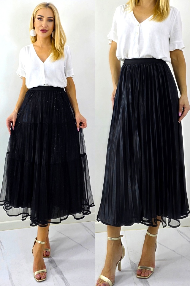 Fusta lunga cu doua fețe, LUNA, aspect plisat si tull, Negru, Marime S/M/L